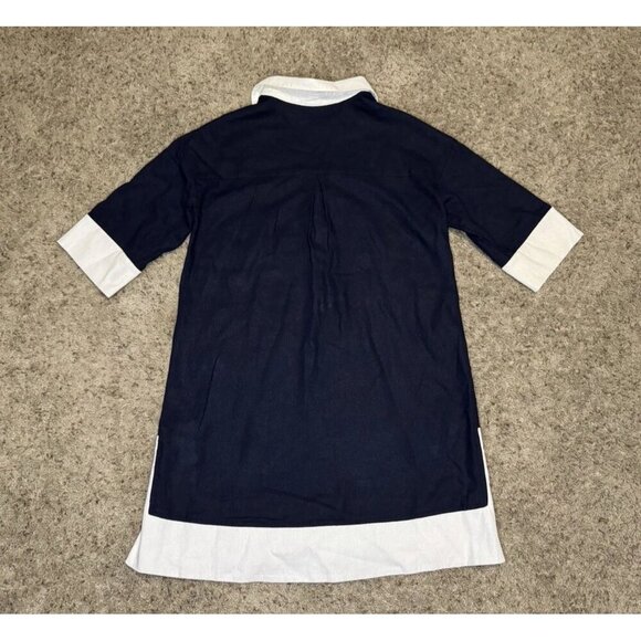 CYNTHIA ROWLEY Navy White Linen Blend 3/4 Sleeve Shirt Dress Beach Coastal SMALL - Picture 2 of 11